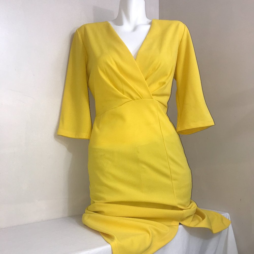 Bright Lemon Yellow V-Neck Ruched Midi Slit Dress